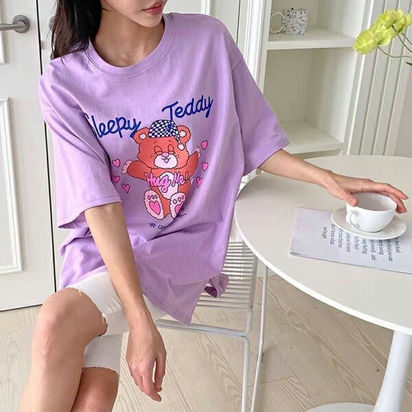 ANNAS 正韓 熊熊 睡覺 短袖 上衣 長版 T 棉質 可愛 小熊 紫色 韓國