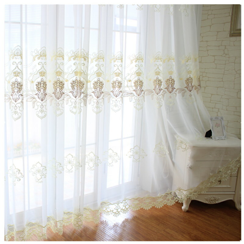 歐式高檔簡繡花白色成品窗簾繡花窗紗臥室客廳飄窗紗簾陽臺紗透光