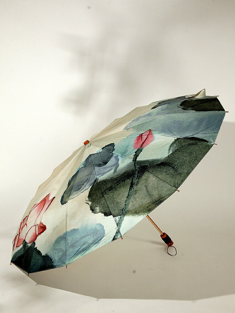 沛欣復古風晴雨傘16骨木柄防風防雨三折疊傘中國風國畫漢服國潮傘
