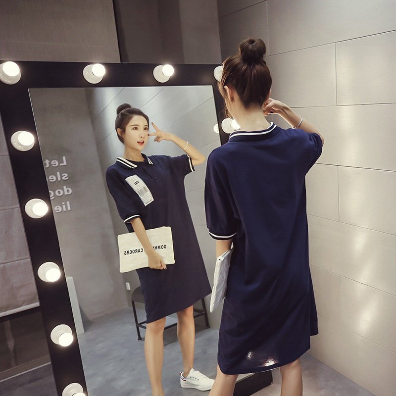 FINDSENSE G5 韓國時尚 夏季 寬鬆 翻領 學院 短袖 中長款 襯衫 連身裙