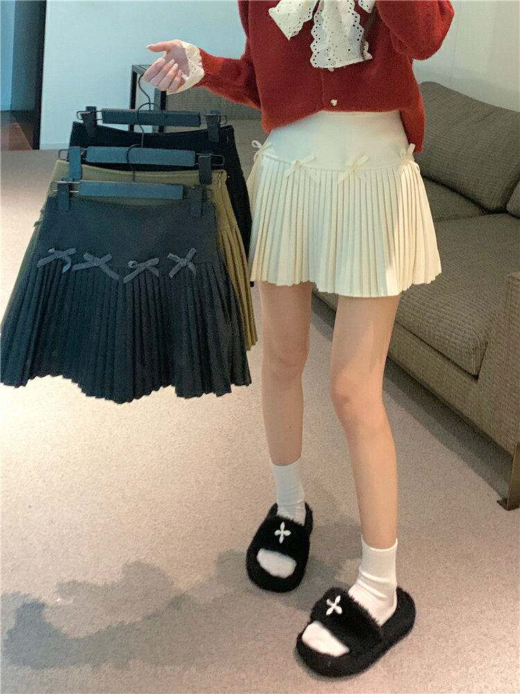 蝴蝶結毛呢半身裙 女春季芭蕾裙褲百褶裙子 小個子甜美高腰a字短裙【不二雜貨】