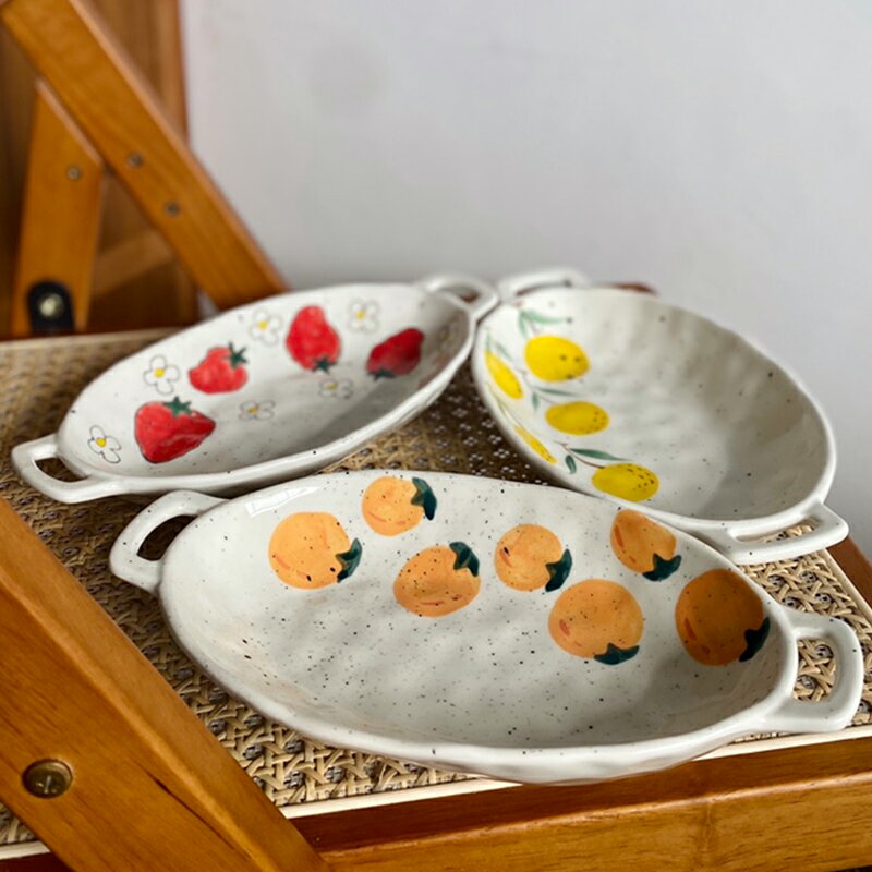 網紅ins日式粗陶水果烤盤陶瓷焗飯盤家用手繪創意烤箱雙耳長方盤