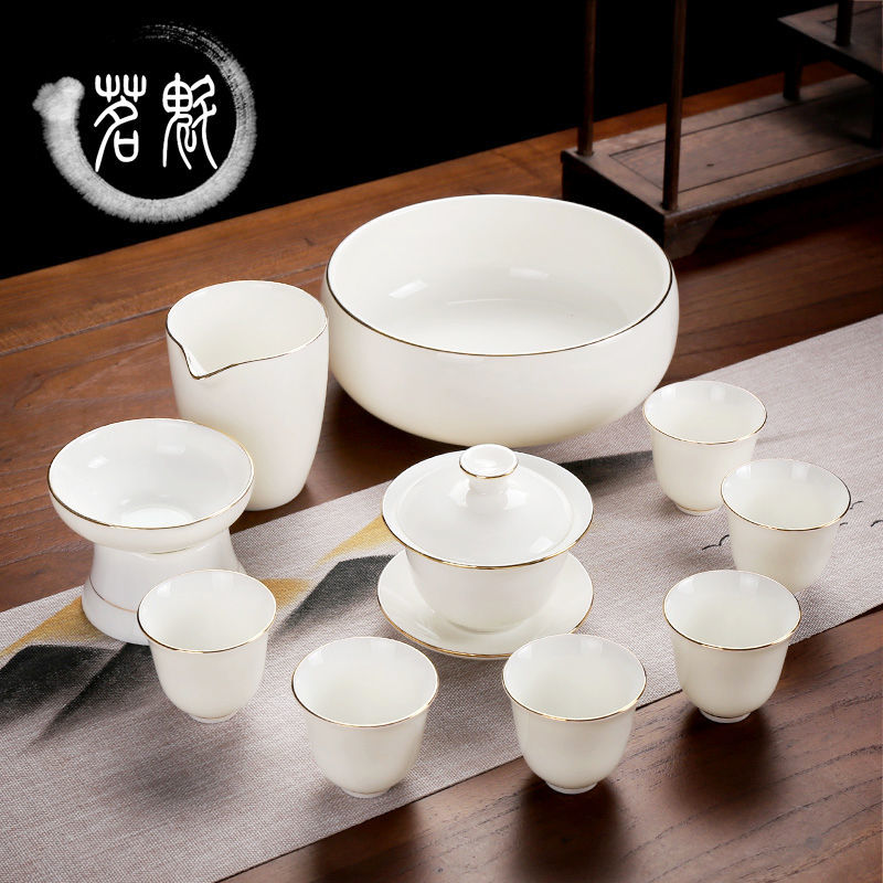 新款羊脂玉描金茶杯套裝德化白瓷家用蓋碗茶具客廳簡約陶瓷泡茶器