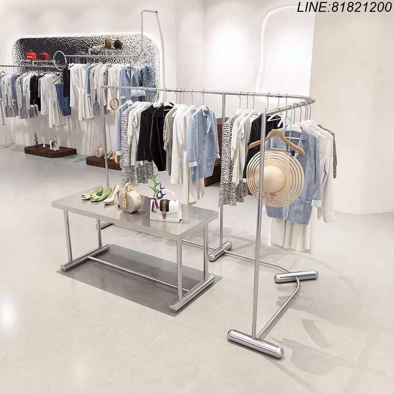 免運/速發 開立發票 服裝店中島展示架落地式轉角童裝女裝店中間弧形貨架掛衣架不銹鋼 支援訂製