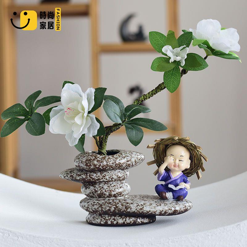 【時尚家居】 創意模擬石頭陶瓷 水培花插小和尚茶寵擺件 中式客廳桌面家居裝飾 包郵 現貨現發