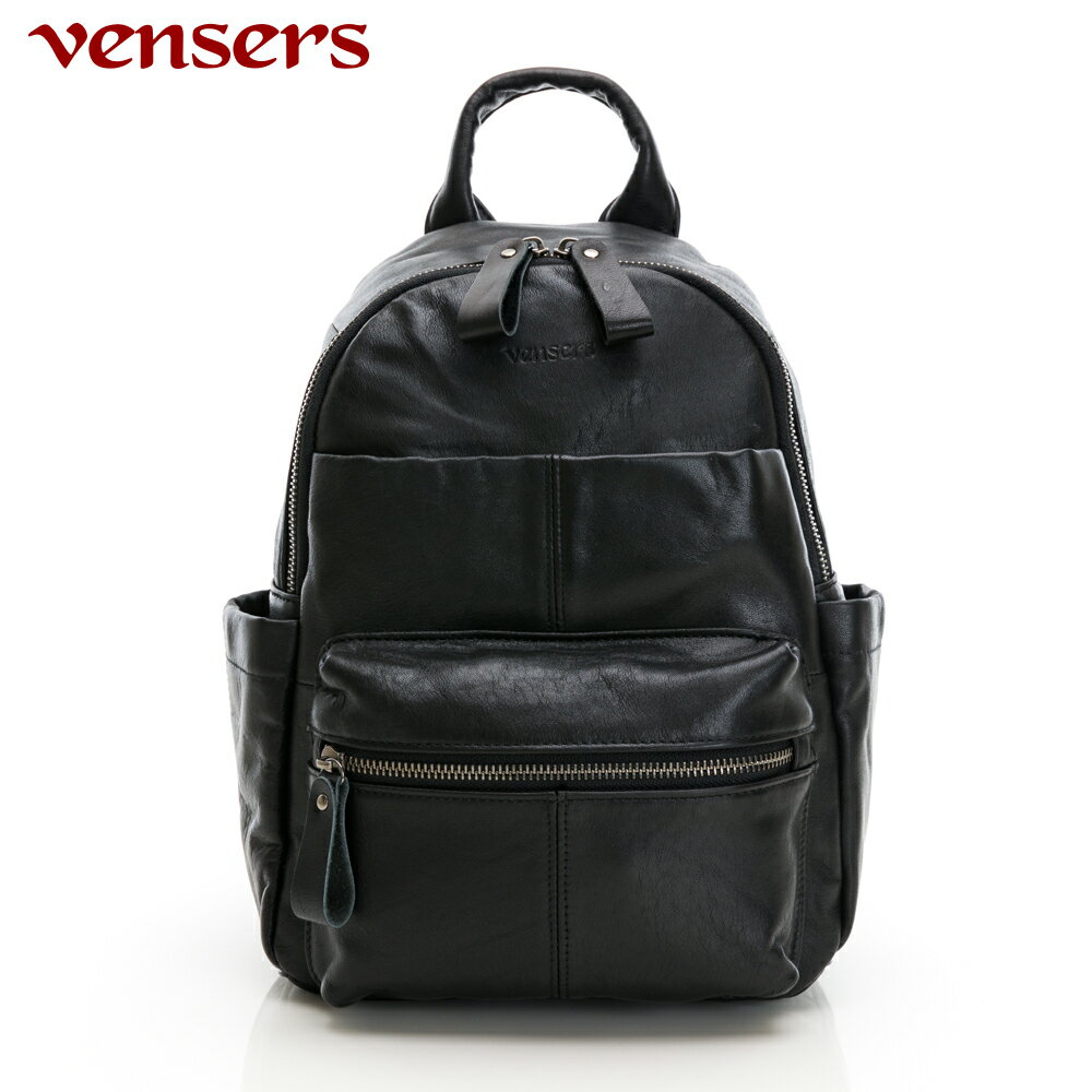 【vensers】牛皮潮流個性包~後背包上班通勤包 雙肩背包 旅遊後背包 純色 休閒(ND123201黑色)