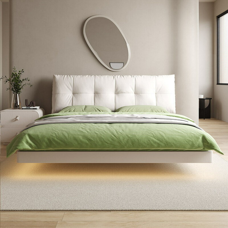 奶油風床臥室櫸木懸浮床現代簡約網紅毛毛蟲主臥雙人床新婚床