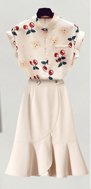 短袖裙裝碎花小衫短袖雪紡衫氣質高腰魚尾別致洋氣半身裙兩件套裝夏季