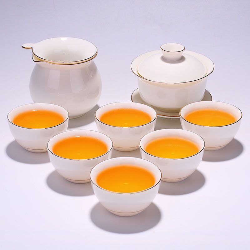 免運 茶杯一套 茶杯具 高端中式白瓷茶具套裝家用描金功夫羊脂玉瓷茶杯茶壺沖泡蓋碗 公司貨 可開發票