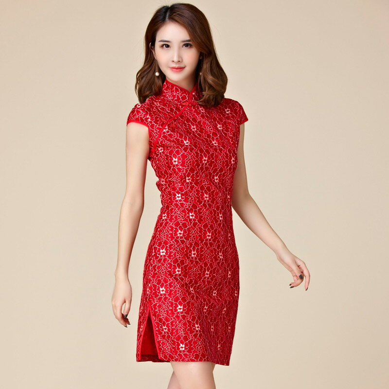 灰姑娘[9882-JK]*時尚紅色蕾絲旗袍中國風格中款短袖洋裝~禮服~