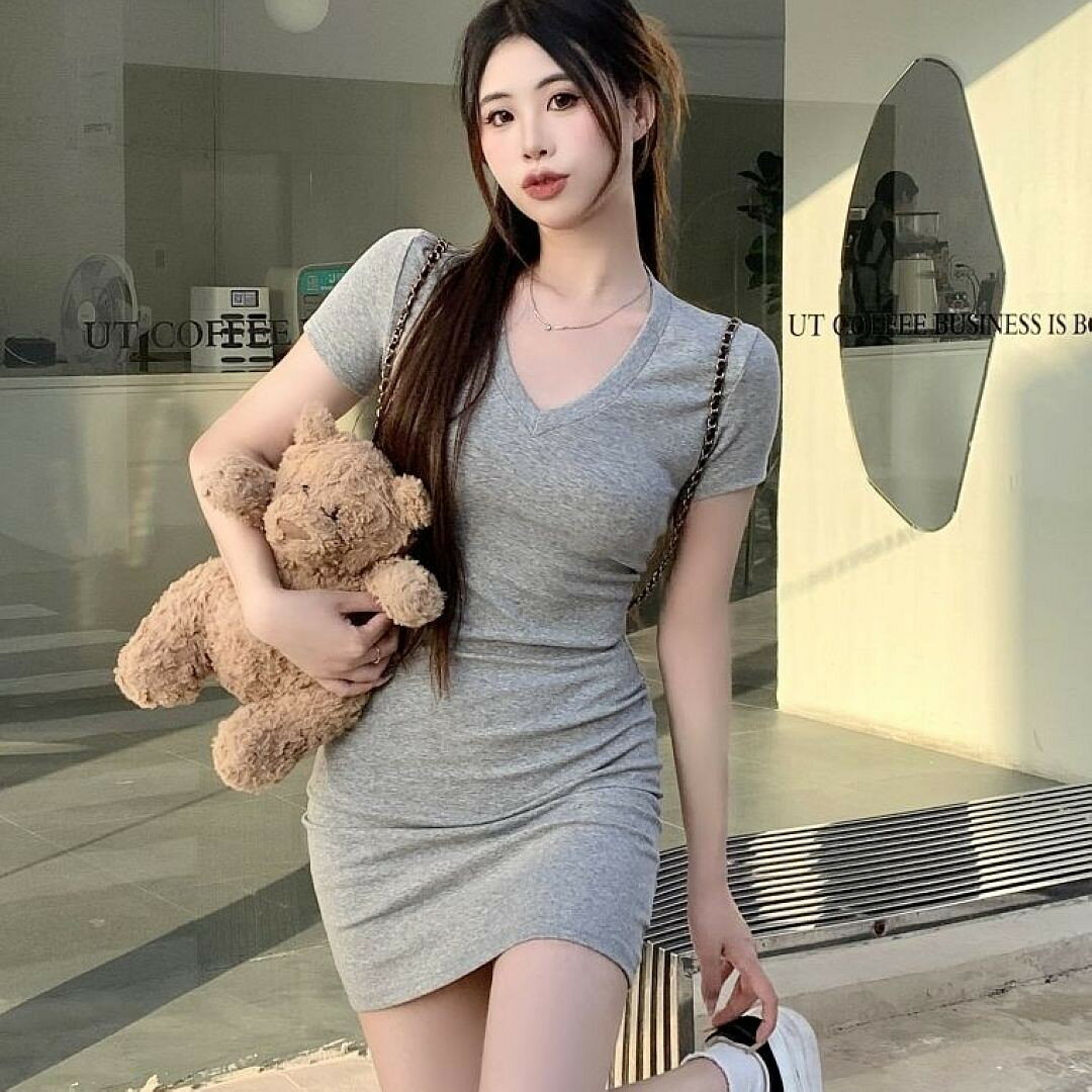 棉V領修身顯瘦連衣裙洋裝(預購)pn002744