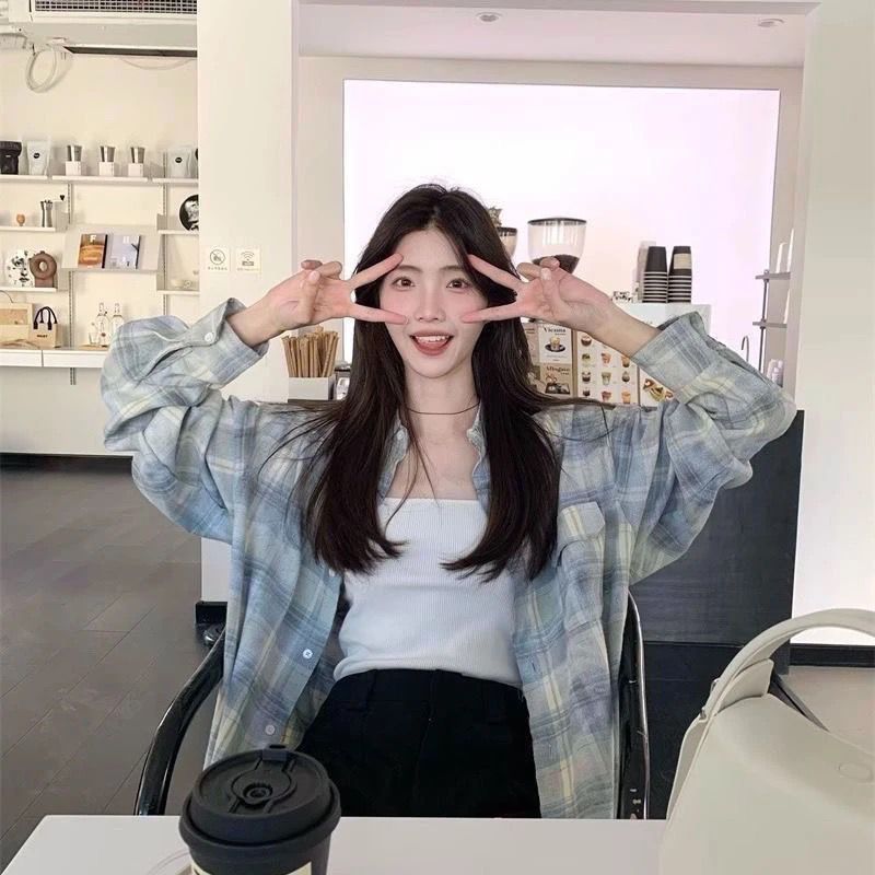 格子襯衫 女上衣 女裝 衣服 寬鬆上衣 格子襯衫女春夏秋新款韓版時尚少女小個子復古長袖襯衣休閒外套 8