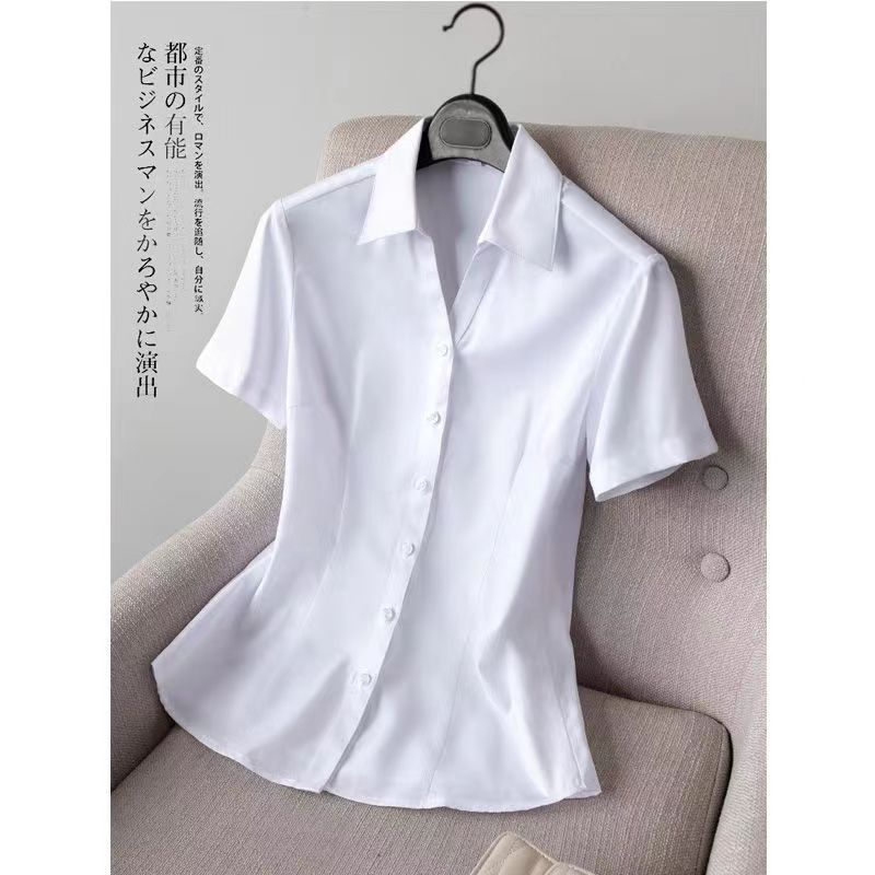 大尺碼襯衫女 白襯衫女V領短袖夏季新款速干高檔雪紡修身顯瘦職業正裝OL工作服 0