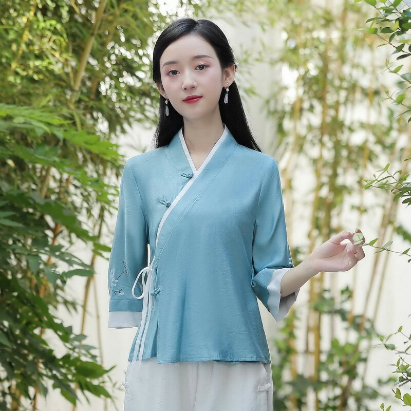 中國風女上衣新中式套裝茶服民國風改良漢服採耳師服裝旗袍工作服