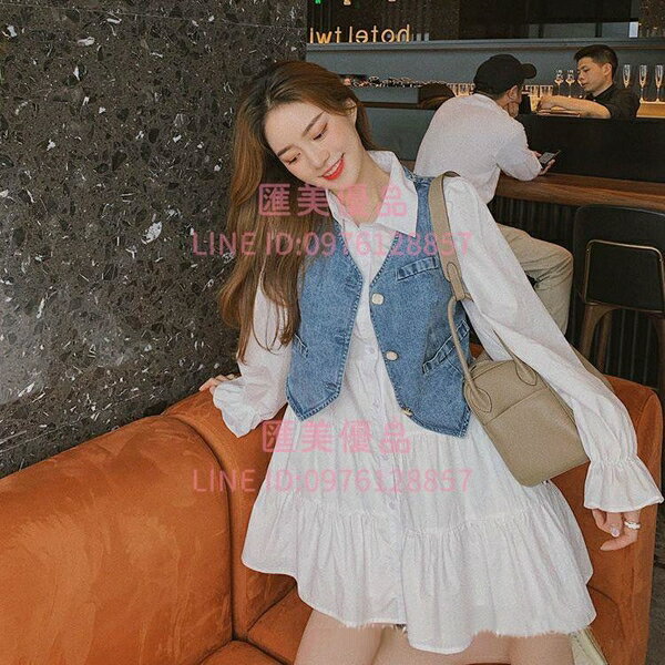 無袖外套女 牛仔馬甲套裝春季新款韓版時尚洋氣減齡襯衫連衣裙子兩件套潮【聚寶屋】
