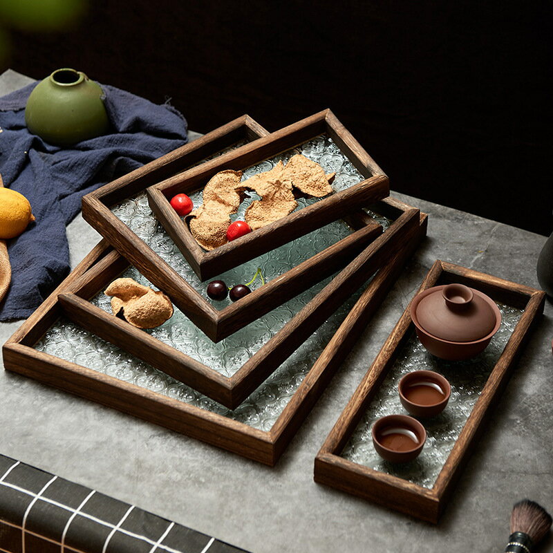 木質託盤 託盤玻璃茶盤復古長方形綠色透明木質邊框咖啡點心家用盤子