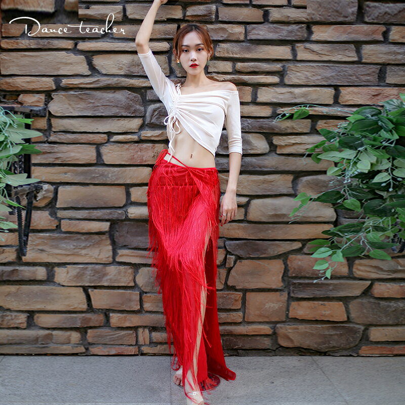 舞蹈老師 2021春夏新款 肚皮舞彈力練功服東方舞流蘇長裙演出服女