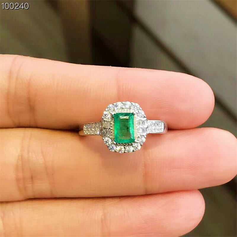 925銀鍍18K白金鑲嵌天然祖母綠寶石 綠寶石戒指 時尚豪華新款女