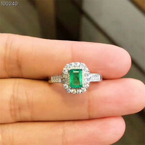 925銀鍍18K白金鑲嵌天然祖母綠寶石 綠寶石戒指 時尚豪華新款女