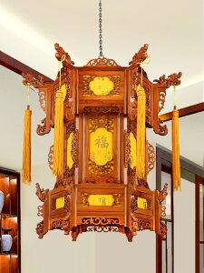中式實木宮燈六角大紅新年羊皮古典結婚陽臺吊燈戶外仿古燈籠掛飾