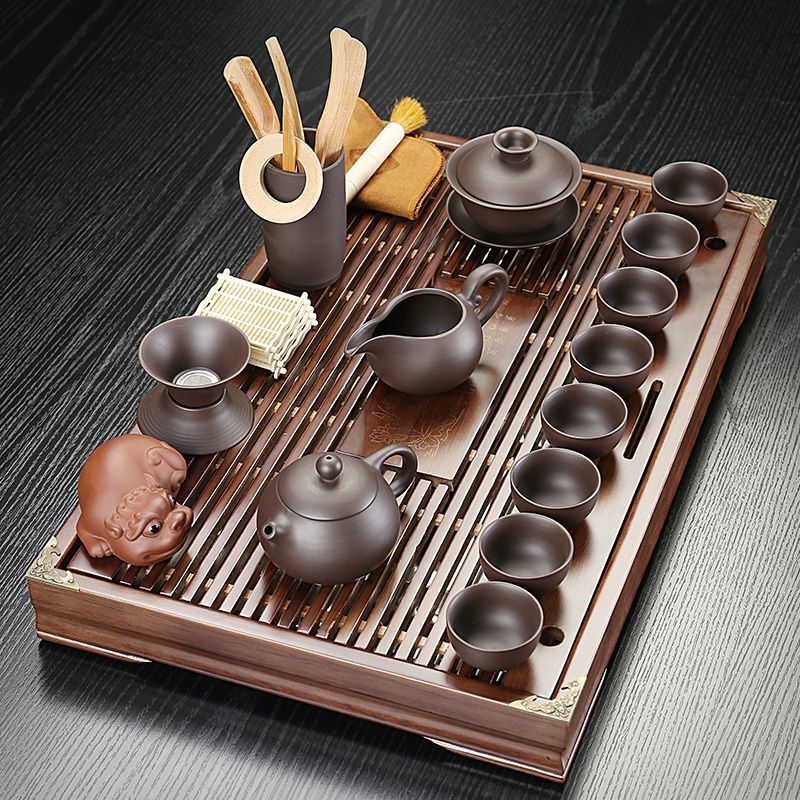免運 開立發票 茶盤 茶具 紫砂功夫茶具套裝家用客廳不銹鋼抽屜式儲排兩用實木茶盤茶臺茶具特惠/工廠現貨 特價出 M1123