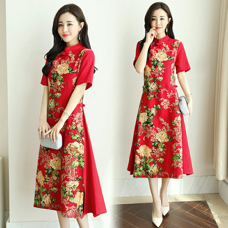 夏裝新款民族風中國風復古改良旗袍棉麻女裝短袖連衣裙茶服