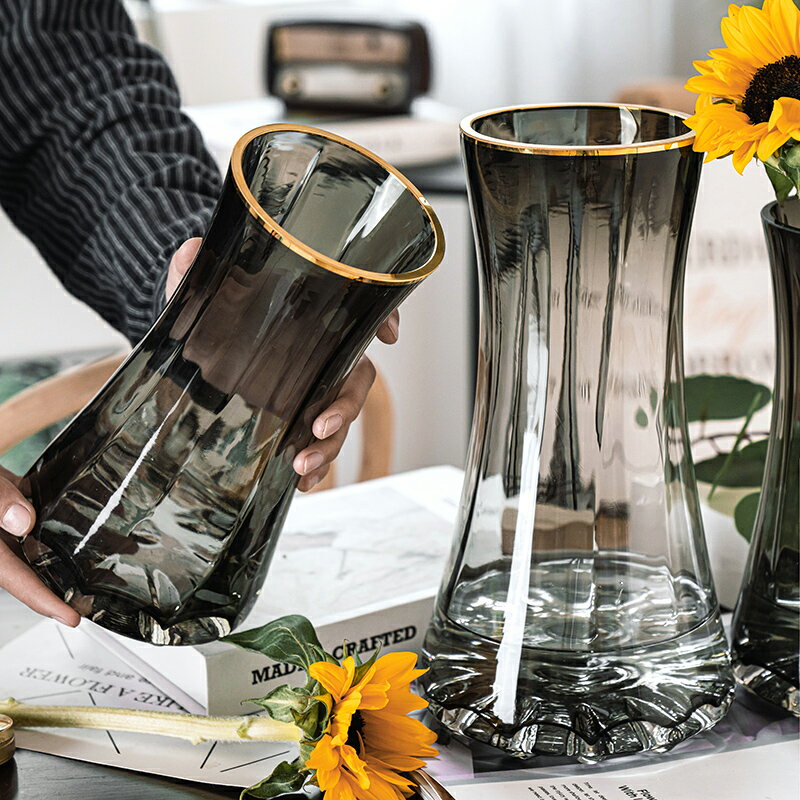描金創意簡約透明玻璃花瓶水養鮮花百合北歐客廳插花擺件【不二雜貨】
