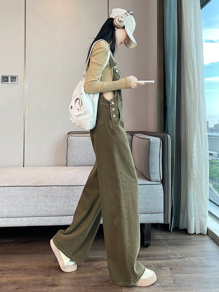 減齡牛仔背帶褲女闊腿褲2024春秋新款顯瘦寬松氣質復古拖地連體褲【淘夢屋】