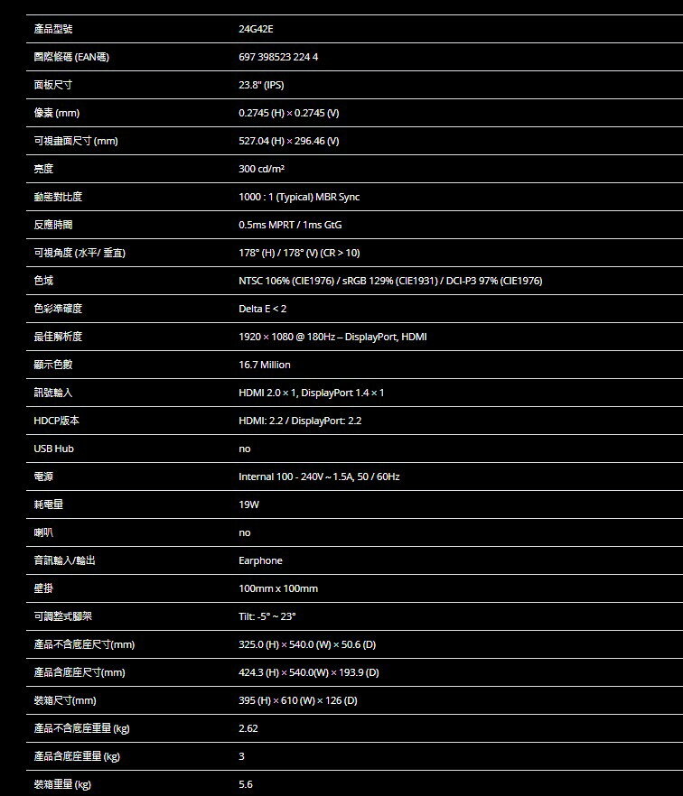 AOC 24G42E 23.8吋 螢幕 IPS 180Hz 0.5ms 電競螢幕 電腦螢幕 7