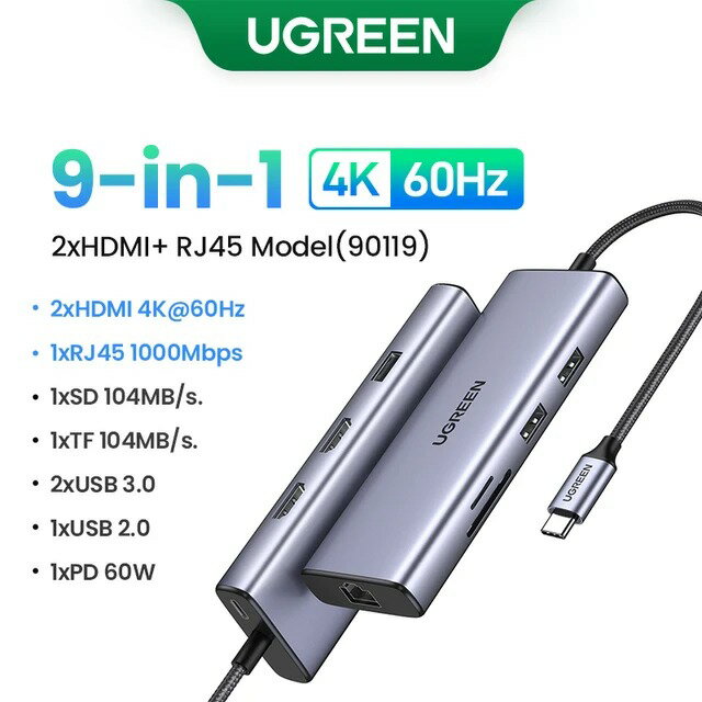 【日本代購】UGREEN USB C HUB 4K 60Hz USB C 轉 2xHDMI 2.0 RJ45 USB 3.0 PD 轉接器適用於 Macbook iPad Pro Air M1 PC 配件 USB C 分路器