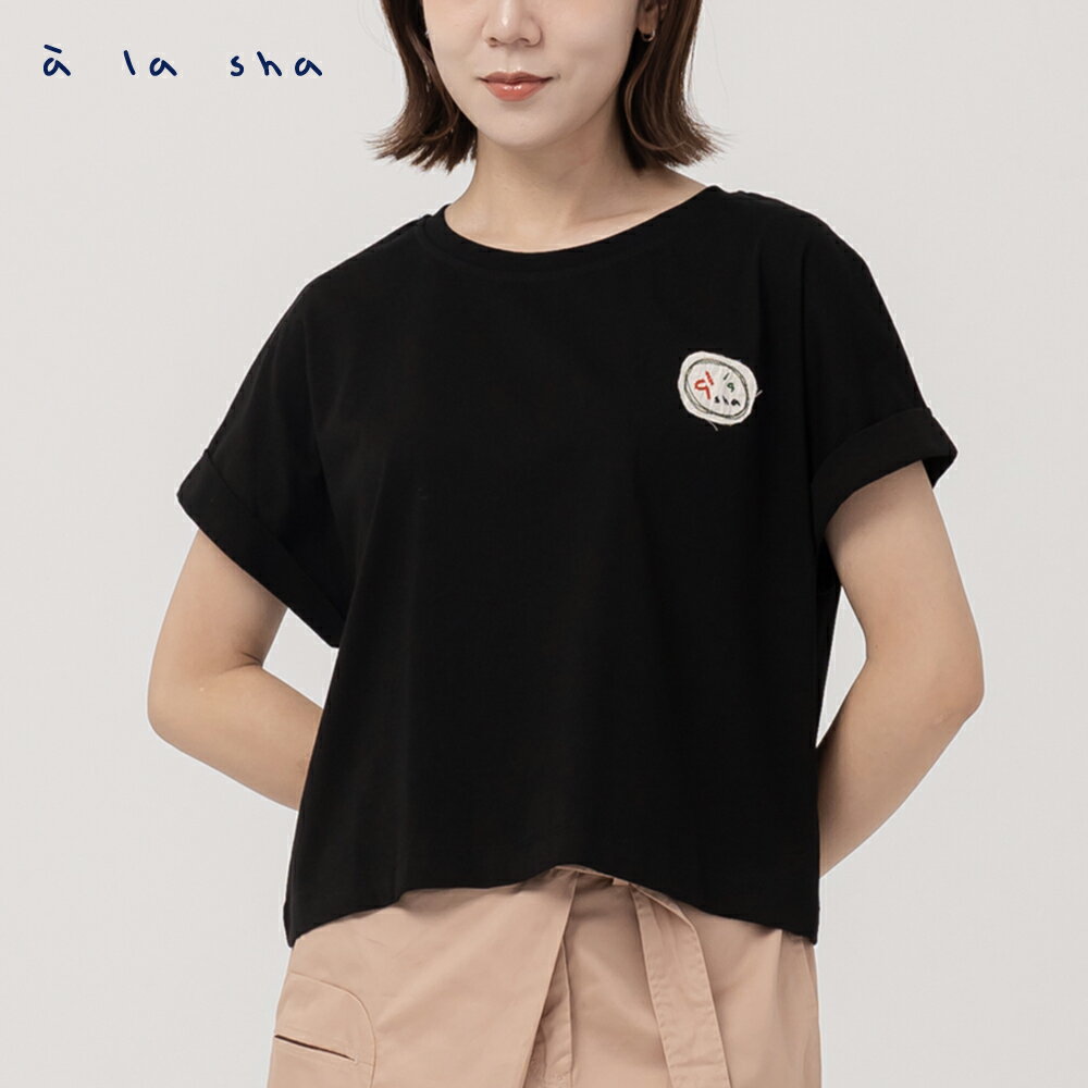 a la sha LOGO繡花袖口反摺造型T