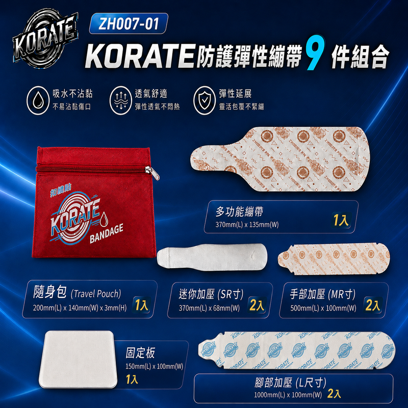 【淞康彈性繃帶(未滅菌)】ZH007-01-KORATE防護彈性繃帶9件組合-扣繞貼彈力防護繃帶(S號*2、M號*2、L號*2、多功能*1)、固定板*1、隨身包*1 0
