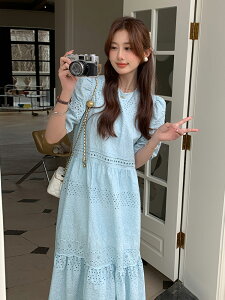 夏季初戀清純奶甜裙子洋裝高級感溫柔風氣質鏤空蕾絲藍色連身裙女