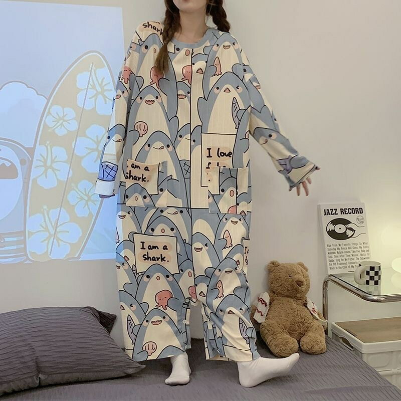 FUXI 連體睡衣女 長袖睡衣 連身睡衣 寬鬆薄款可愛鯊魚睡裙 大尺碼睡衣 居家服 外穿家居服