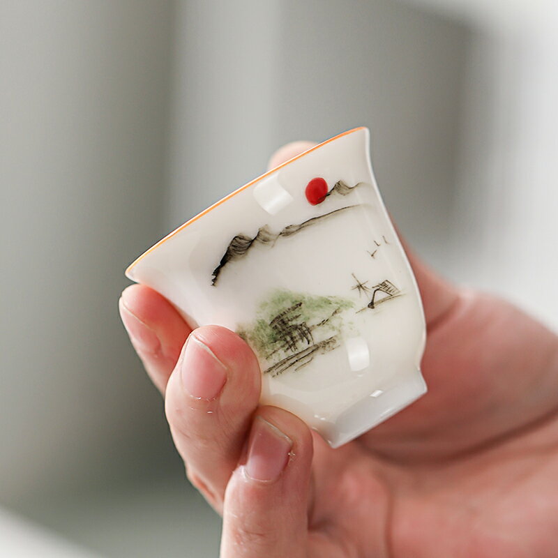 羊脂玉白瓷主人茶杯手繪茶碗小杯子陶瓷茶盞品茗杯家用單個