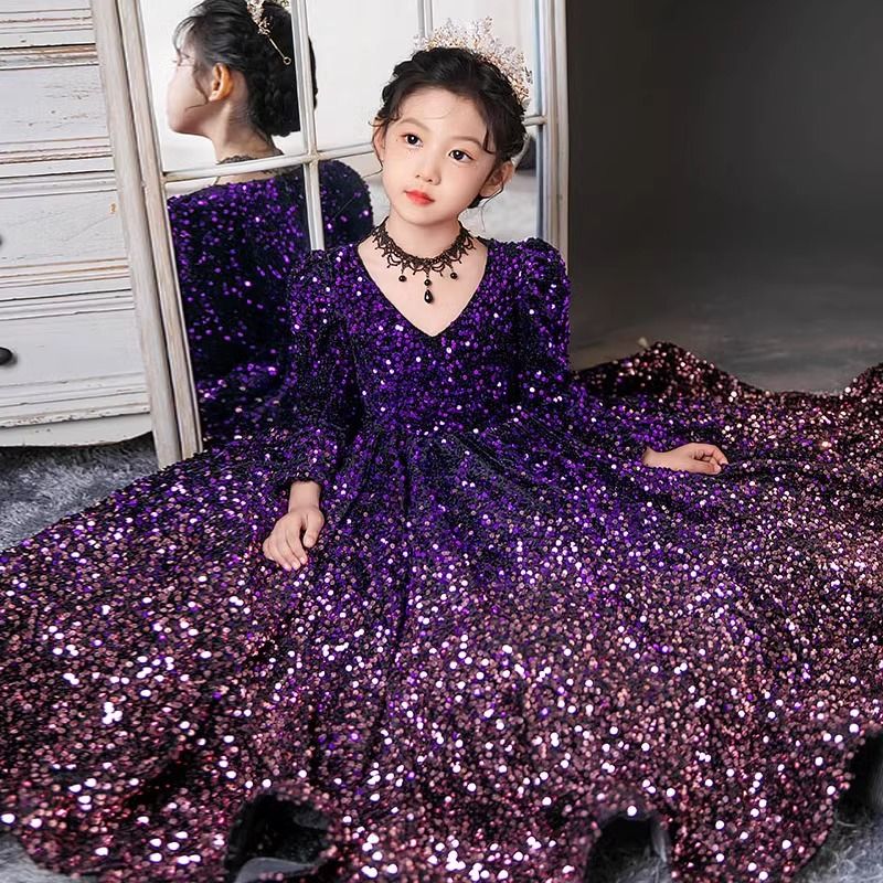 2025新款女童主持人禮服長袖走秀兒童禮服公主裙高階亮片模特春季
