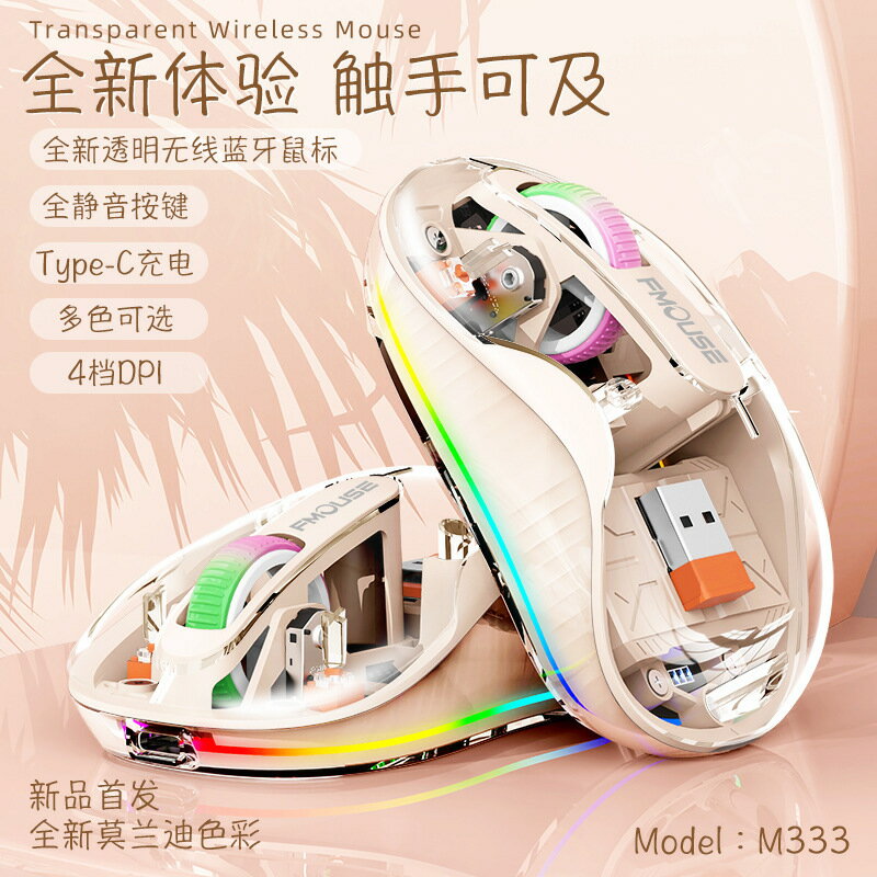 虎貓M333新款透明無線藍芽三模靜音滑鼠TYPE-C充電臺式筆電電
