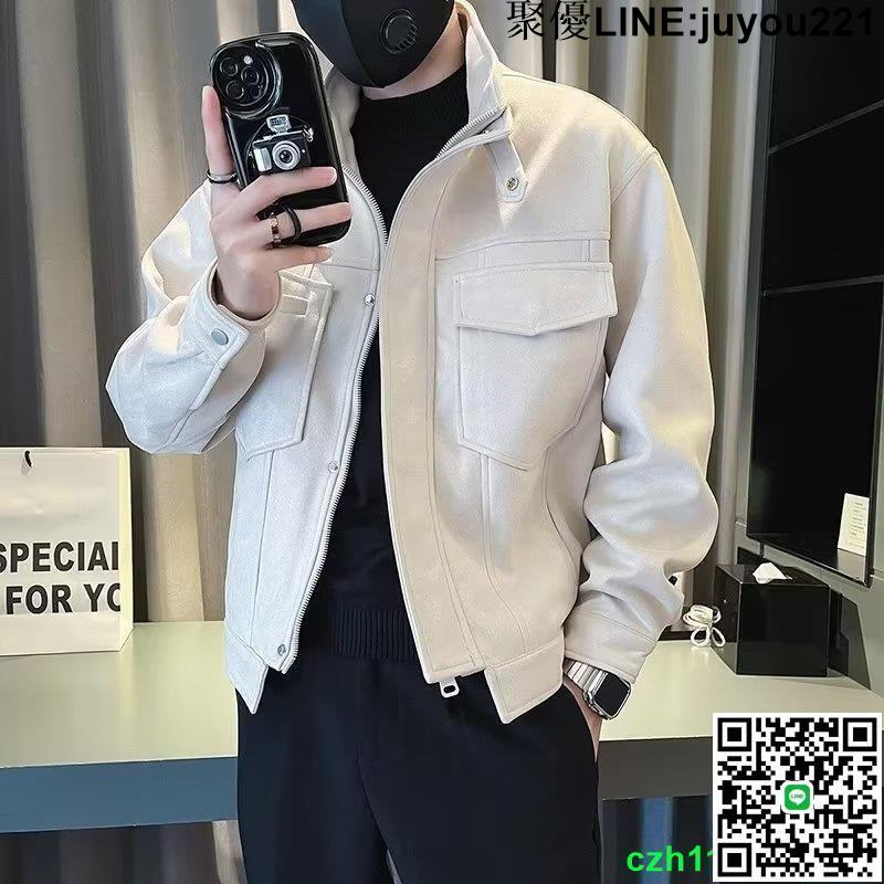 鹿皮絨外套男 韓版潮流緊身男 潮牌痞帥工裝夾克 雙層鹿皮絨外套 短版外套男