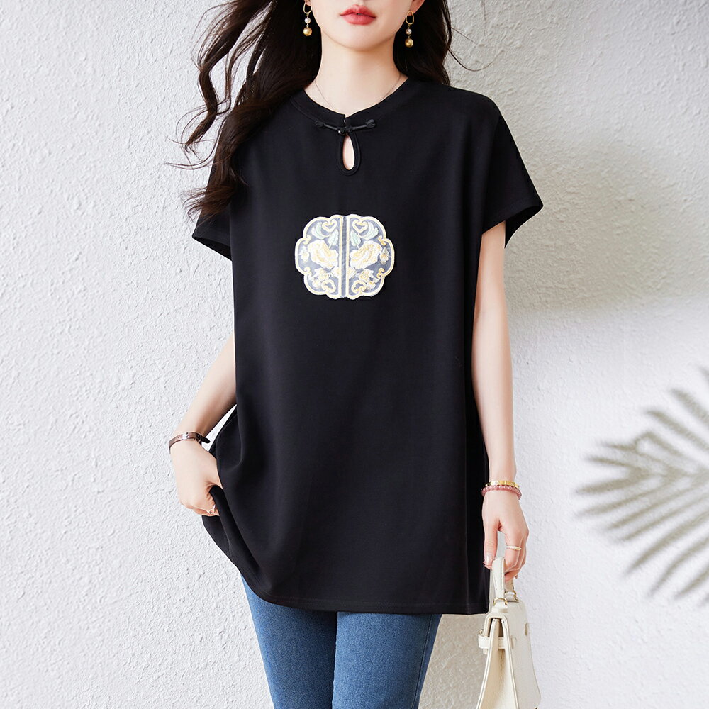 ＊ORead＊民族風盤扣刺繡短袖T恤上衣(黑色L~5XL)