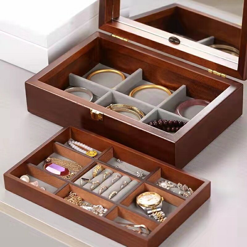 大容量木質抽屜式家用珠寶盒化妝鏡耳釘耳環項鏈首飾盒飾品收納盒