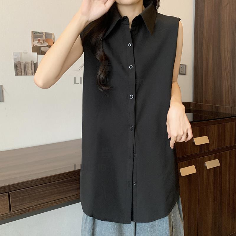 大碼女裝秋冬無袖純色襯衫中長款POLO領內搭打底百搭上衣【步行者戶外生活館】