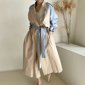 韓國chic秋季法式復古翻領設計感拼接撞色系帶收腰長款風衣外套女