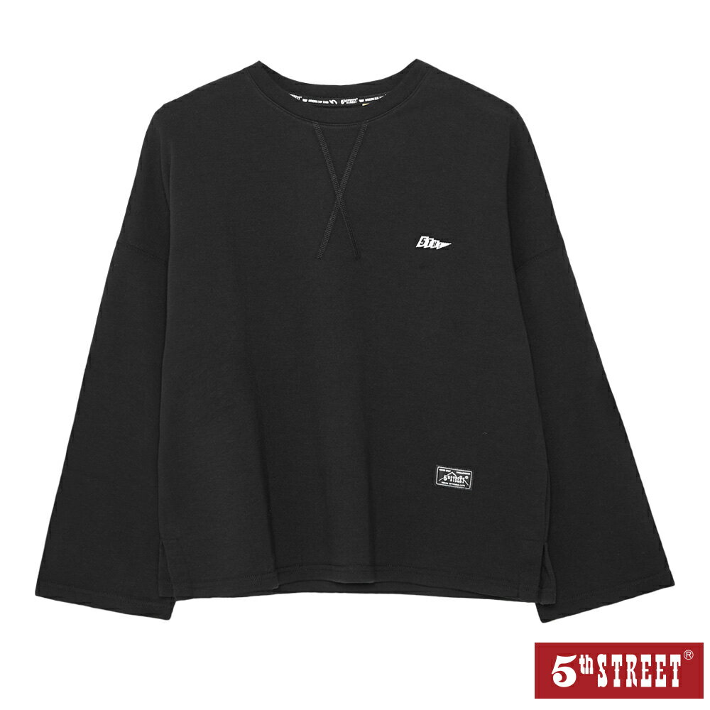 女裝 寬版毛巾繡長袖T恤 黑色 (560898) 【5th STREET】【年貨節全館390起】 最高折426