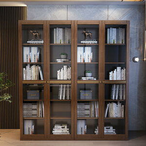 書架 ● 新中式全實木 書櫃組合帶玻璃門現代書房整墻櫃子 收納 儲物落地