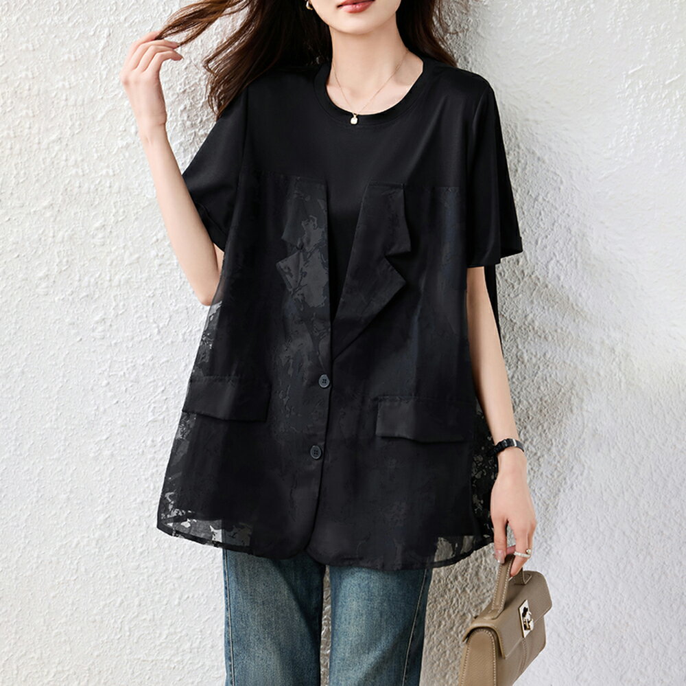 ＊ORead＊假兩件鏤空拼接短袖休閒上衣(黑色L~5XL)