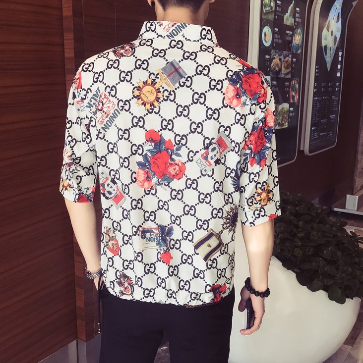 FINDSENSE H1 2018 夏季 新款 薄款 氣質 復古花色 立領襯衫 五分寬鬆 男 短袖襯衫 休閒 潮流上衣