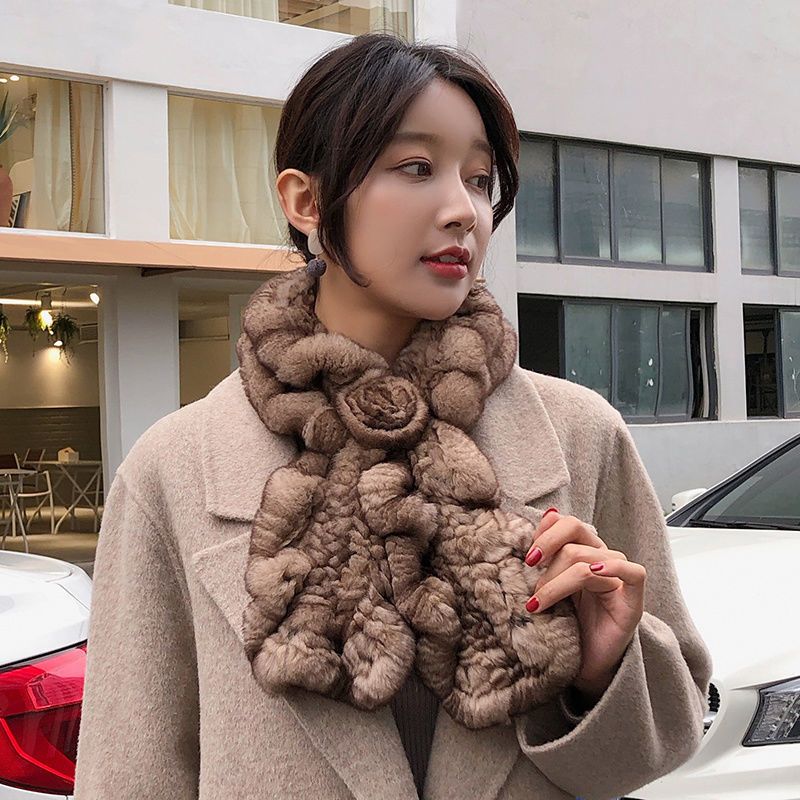 保暖圍脖荷葉邊韓版女秋冬季獺兔毛圍巾真毛媽媽純色日系裝飾百搭 森馬先生旗艦店