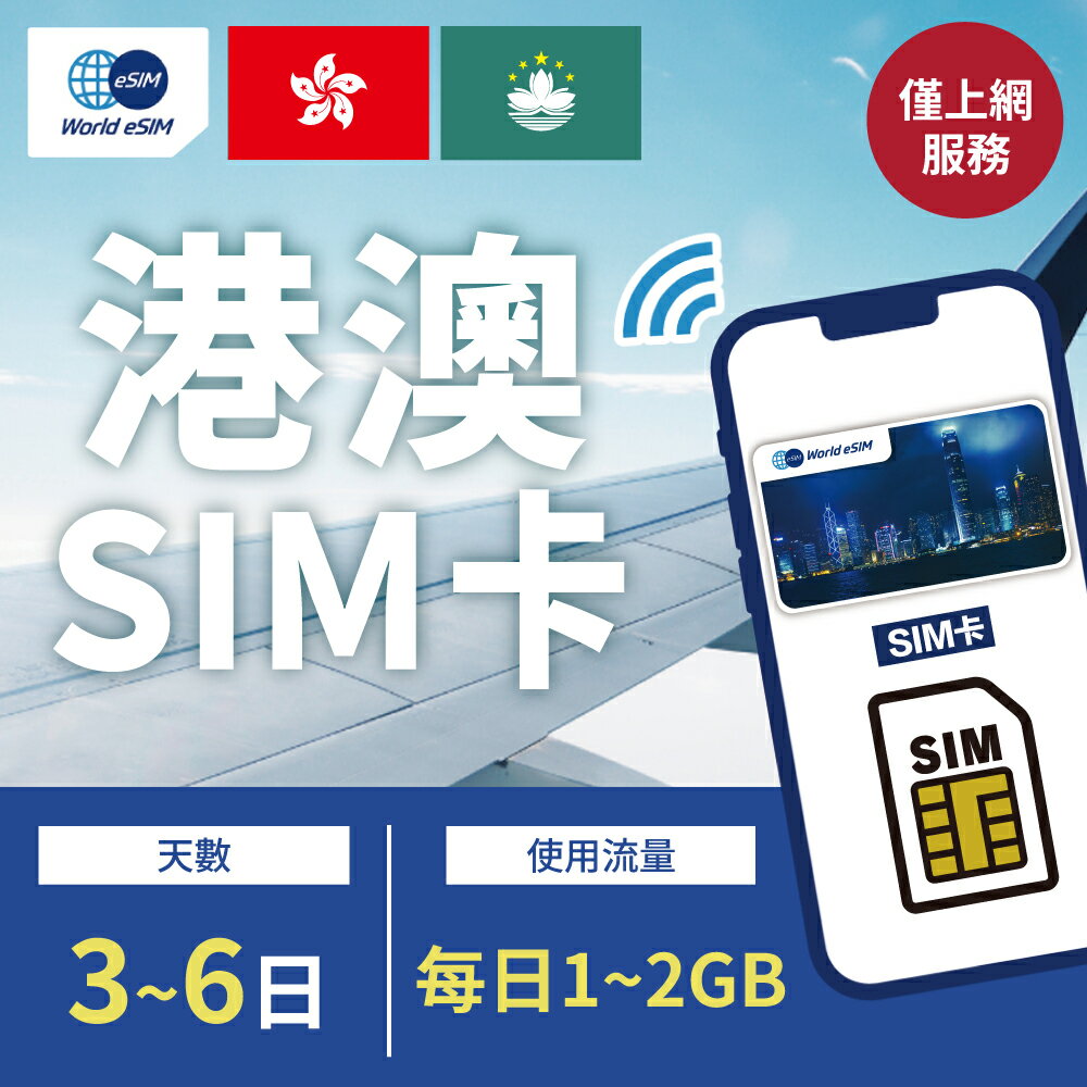 【World eSIM】港澳SIM卡 港澳上網 每日1GB~2GB 降速吃到飽 4G高速上網 3HK/CTM 手機上網 隨插即用