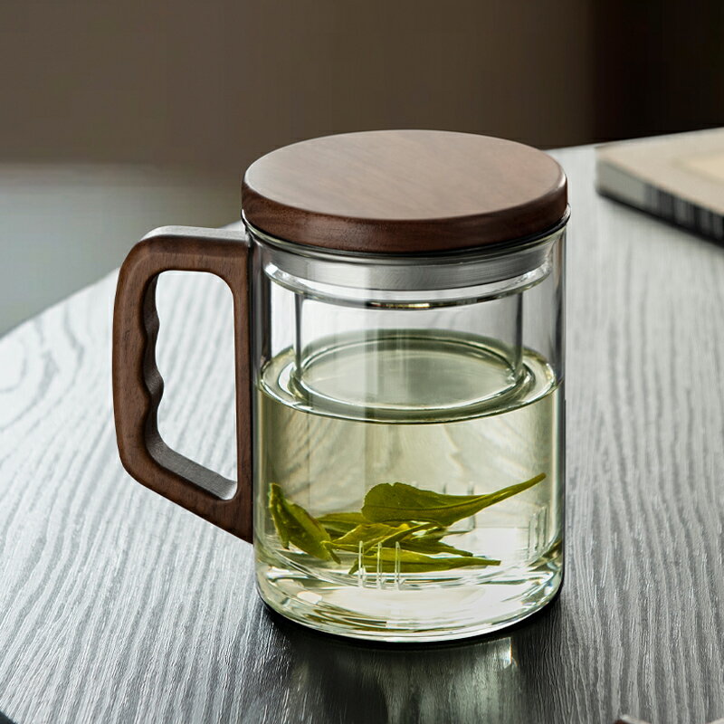 泡茶杯 茶水分離杯 隨行杯 玻璃茶杯耐高溫茶水分離泡茶杯過濾辦公室喝水杯木把茶道杯『ZW9461』