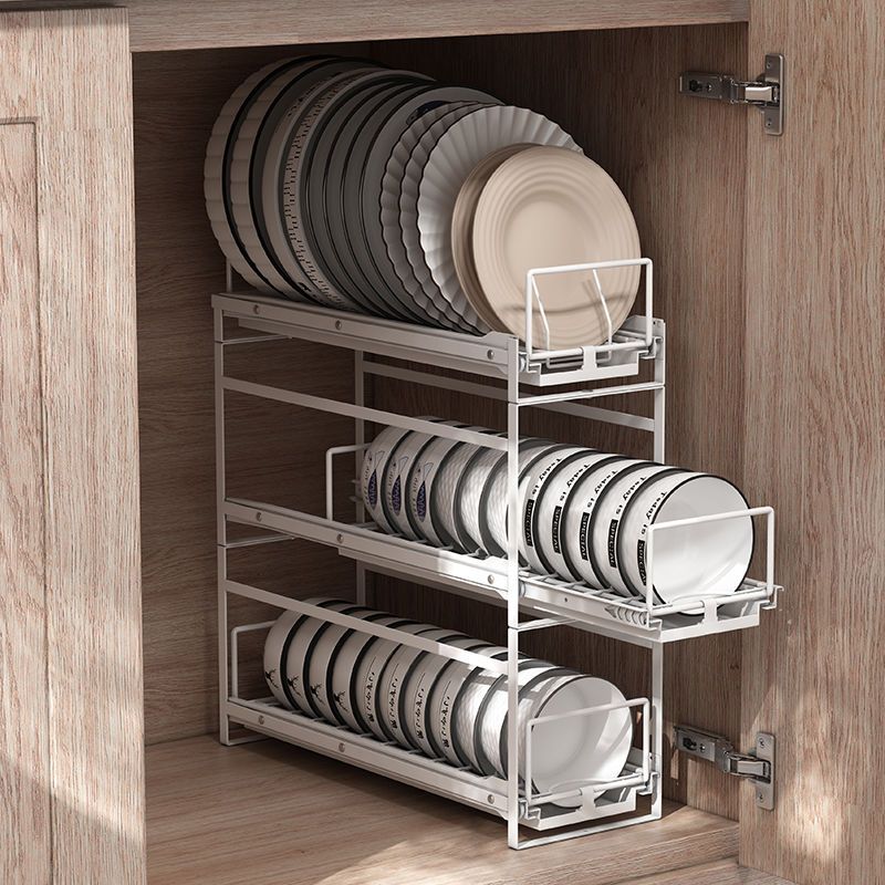 免運 抽拉式碗碟收納 櫥櫃內雙層放碗置物架廚房抽屜式碗盤子碗櫃-快速出貨